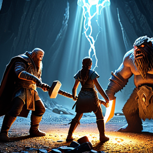 Home 4 **
A group of adventurers battling monsters deep within the Mjolnir Mine. The scene is dark and cavernous, with glowing runes and hidden traps visible. Focus on the teamwork and strategy required to overcome the challenges of the mine, with a 'Draupnir's Hammer' shimmering in the background.
**