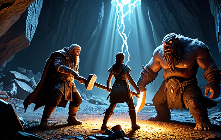 **
A group of adventurers battling monsters deep within the Mjolnir Mine. The scene is dark and cavernous, with glowing runes and hidden traps visible. Focus on the teamwork and strategy required to overcome the challenges of the mine, with a 'Draupnir's Hammer' shimmering in the background.
**